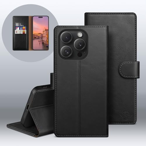 Wallet Case for iPhone 15 Pro Max 6.7", Black | RFID-Blocking Card Holder, Kickstand, Magnetic Closure, PU Leather Folio Flip Cover, Protective Women Men Cases - color: Black, size: iPhone 15 Pro Max