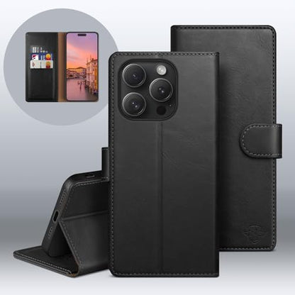 Wallet Case for iPhone 15 Pro Max 6.7", Black | RFID-Blocking Card Holder, Kickstand, Magnetic Closure, PU Leather Folio Flip Cover, Protective Women Men Cases - color: Black, size: iPhone 15 Pro Max