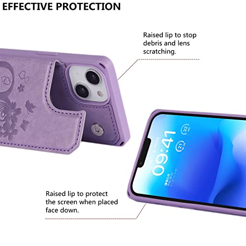 iCoverCase Compatible with iPhone 14 Wallet Phone Case with Card Holder for Women, RFID Blocking Embossed PU Leather Wrist Strap Case 6.1 Inch (Heart Purple) - color: H-Purple