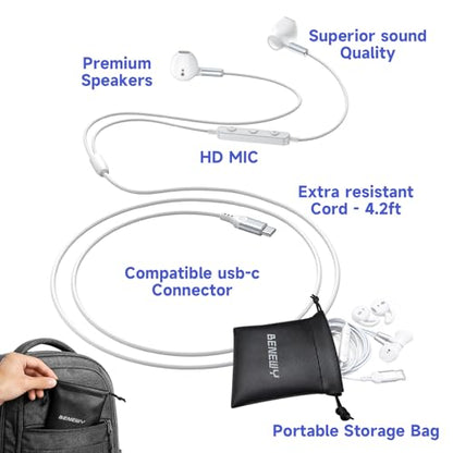 USB C Headphones Wired Earbuds for iPhone 17 Air 16 15 Plus Pro Max Samsung - color: White
