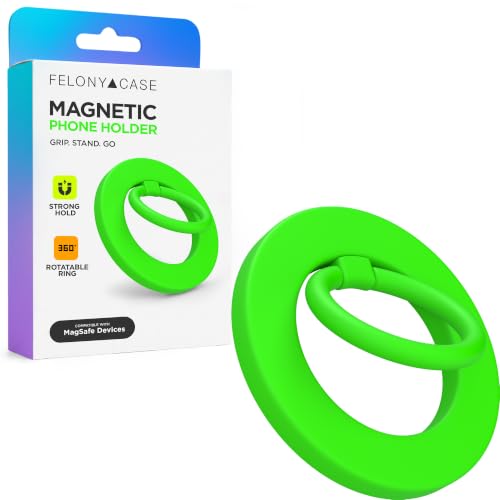 FELONY CASE - Neon Green Ring Grip and Stand - Version 2.0, Improved Stronger Magnet, Magnetic Phone Ring Holder for MagSafe Compatible iPhone 17,16, 15, 14, 13, 12, Pro Max, Air - Drop Protection - color: Neon Green