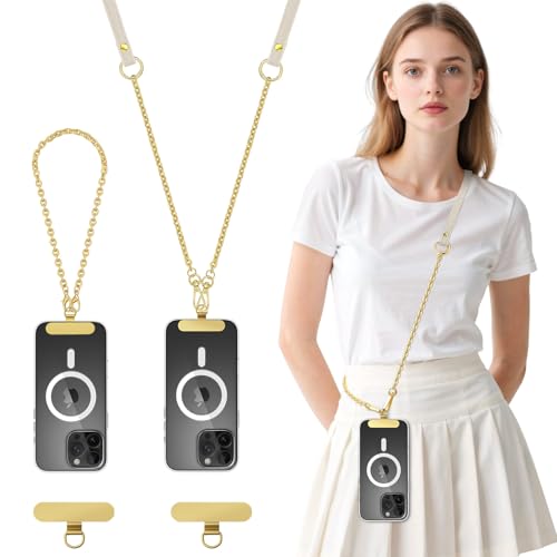 MoKo Universal Phone Crossbody Lanyard Phone Chain, Anti-Theft Adjustable Cellphone Cross Body Neck Strap & iPhone Wrist Strap with 2×Metal Tether Tabs for iPhone 17, Most Smartphones, White & Gold - color: White & Gold