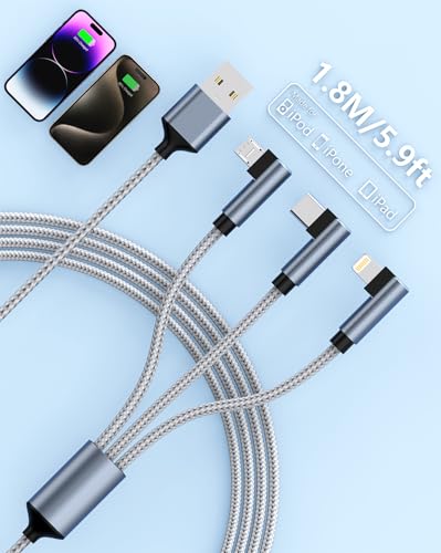 Multi USB Cable, 3 in 1 Multi Charging 90 Degree Universal Charging Cable with Phone/Micro/USB Type C Nylon Multi Charging Cable for Phone 16/15/14, Samssung, Huawei, Xiaomi, Laptop Tablet 1.8m