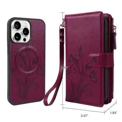for iPhone 16e/17e Case Wallet,Compatible with MagSafe Magnetic 2 in 1 Magnetic Detachable PU Leather RFID Blocking Wallet Cover Card Holder Zipper Wrist Strap Lanyard,Floral Wine Red - color: Wine Red