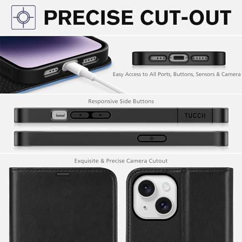 TUCCH Wallet Case for iPhone 14 6.1" 2022, 4 Card Slots, Black & Light Blue | RFID Blocking, Viewing Stand, Shockproof TPU Shell, PU Leather, Magnetic Closure, Protective Folio Flip Cover - color: Black & Light Blue