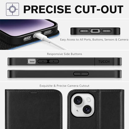 TUCCH Wallet Case for iPhone 14 6.1" 2022, 4 Card Slots, Black & Light Blue | RFID Blocking, Viewing Stand, Shockproof TPU Shell, PU Leather, Magnetic Closure, Protective Folio Flip Cover - color: Black & Light Blue