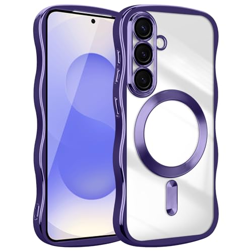 Magnetic for Samsung Galaxy S26 Case Curly Camera Protector,Purple | Compatible with MagSafe, Plating Clear TPU Shockproof Protective, Transparent Back, Wave Frame, Stylish Aesthetic - color: Purple, size: Samsung Galaxy S26