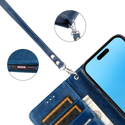 Bocasal Detachable Wallet Case Card Holder for iPhone 16, Blue | RFID Blocking Kickstand Card Slots Holder PU Leather Magnetic Shockproof Wrist Strap Removable Flip Protective Cover 6.1 inch - color: Blue