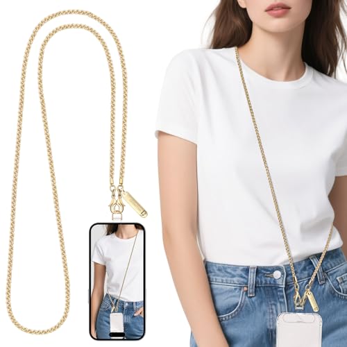 Metal Phone Chain Set,Crossbody Phone Lanyard and Wristlet Strap - color: Gold, size: Long