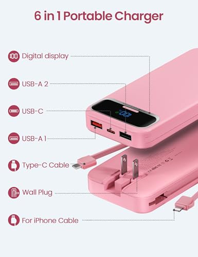 aonidi Portable Charger 12000mAh with Built-in Cables&AC Wall Plug, Pink - color: Pink