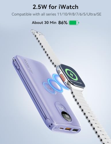 Portable Charger 10000mAh 20W, Wall Plug, 2 Cables, iWatch Charging - color: Lilac Purple