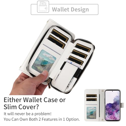 Wallet Case for Samsung Galaxy S20 5G 6.2 inch with Wrist Strap, Crossbody Shoulder Strap, Luxury PU Leather Stand Cell Phone Cover with 9+ Card Slots for S 20 20S UW S2O G5 Women White | Girls, Wrist/Shoulder Strap, 9+ Card Slots, Zipper Purse, Luxury PU