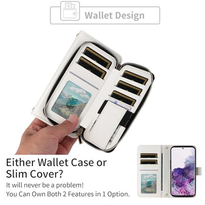 Wallet Case for Samsung Galaxy S20 5G 6.2 inch with Wrist Strap, Crossbody Shoulder Strap, Luxury PU Leather Stand Cell Phone Cover with 9+ Card Slots for S 20 20S UW S2O G5 Women White | Girls, Wrist/Shoulder Strap, 9+ Card Slots, Zipper Purse, Luxury PU