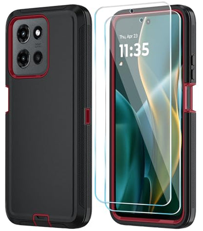 Qinmay Phone Case for Motorola Moto G 2025/Moto G Play 5G 2025 Case with HD Screen Protector, Heavy Duty Shockproof & Dropproof 3-Layer Cover Phone Case,BalckRed - color: BlackRed