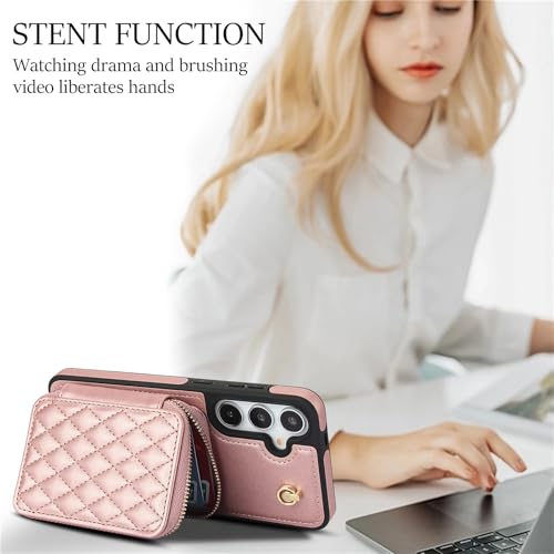 Phone Case for Samsung Galaxy S25 5G Wallet Cell Cover with Tempered Glass Screen Protector Wrist Crossbody Strap Stand RFID Blocking Credit Card Holder S 25 25S 25 25S SM-S931U Women Girls Rose Gold - color: Rose Gold