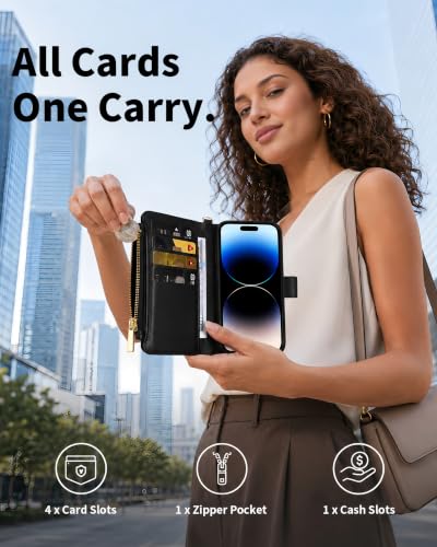 for iPhone 15 Pro 2-in-1 Magnetic Crossbody Wallet Case + Wrist Strap | Wireless Charging After Wallet Removal, Detachable Crossbody/Wrist Straps, Landscape Stand, Card Holder and Zipper Pocket - color: Black, size: iPhone 15 Pro