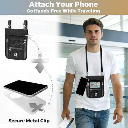 Passport Holder for Travel with Phone Clip, RFID Blocking Neck Wallet, Secure Neck Pouch with Zipper Compartments and ID Window for Men and Women (Black)