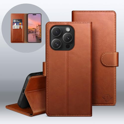 Wallet Case for iPhone 15 Pro 6.1", Light Brown | RFID-Blocking Card Holder, Kickstand, Magnetic Closure, PU Leather Folio Flip Cover, Protective Women Men Cases - color: Light Brown, size: iPhone 15 Pro