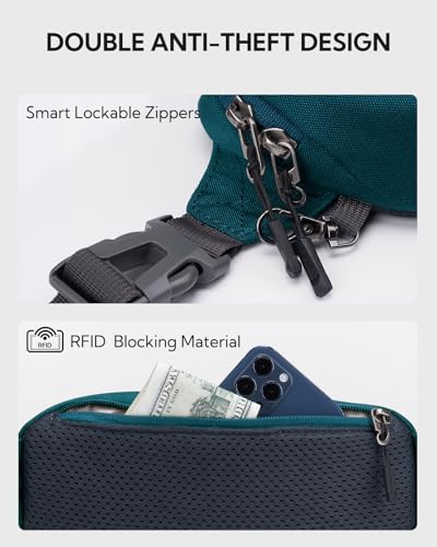 WATERFLY Small Fanny Pack RFID Blocking Travel Hiking Crossbody Waist Bag | Anti-theft design, Water resistant, Lockable zipper, Hidden rear pocket, Lightweight hip belt bag, EDC Running, Cycling, Gym - color: Peacock Blue