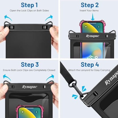 Rynapac Large Waterproof Phone Pouch Up to 10", 2 Pack IPX8 Protector Pouch | Large Capacity, Touchscreen & Underwater Photos, Adjustable Lanyard for iPhone 17 16 15 Pro Max, Beach Cruise Essentials 2026 - color: [Black + Black] Large Waterproof Phone Pou