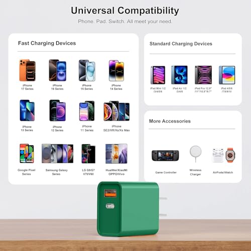 20W USB C Fast Charger, 3Pack Durable Dual Port PD 3.0 with USB A Wall Charger Block for iPhone, iPad Pro, AirPods Pro, Samsung Galaxy, Motorola, LG, Google Pixel Brick Plug Power Adapter(Green) - color: Green