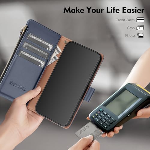 Shieldtop Compatible with Samsung Galaxy A37 5G Wallet Case with Card Holder,PU Leather Phone Case Flip Protective Cover Wrist Strap Zipper Credit Card Slots RFID Blocking Women Men,Blue - color: Blue