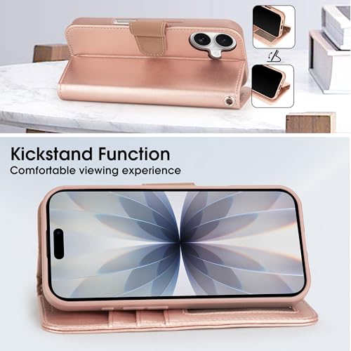 Arae Compatible with iPhone 17 Case Wallet with Card Holder, Wristlet Strap Wallet Flip Cover for iPhone 17 6.1 inch Men/Women, RFID Blocking, Kickstand, Rose Gold - color: Rose Gold, size: iPhone 17 6.1 inch