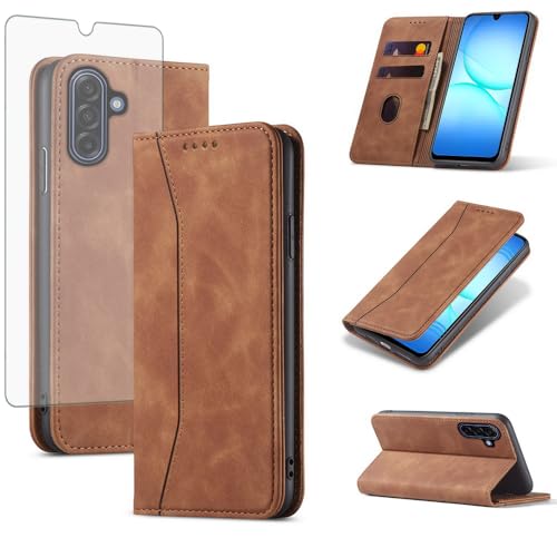 Asuwish Flip Wallet Phone Case for Samsung Galaxy A17 5G with Tempered Glass Screen Protector Magnetic Closure Folio Cover Credit Card Holder Slot Stand Cell Accessories A 17 17A 4G Women Men Brown - color: Brown
