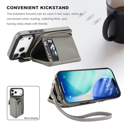 Bocasal Crossbody Wallet Case Card Holder for iPhone 17 Pro Max Grey | RFID Blocking PU Leather Zipper Handbag Purse, Kickstand Flip Folio Case with Card Slots Holder Wrist Strap Lanyard 6.9 Inch - color: Gray