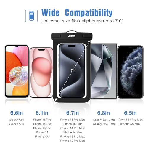 JOTO Waterproof Phone Pouch IPX8 Universal Waterproof Case Dry Bag Phone Protector for iPhone 17 Air 16 15 14 13 12 11 Pro Max Plus XS XR Galaxy S23 S22 S21 S20 Pixel Up to 7" -4 Pack, Black & Clear
