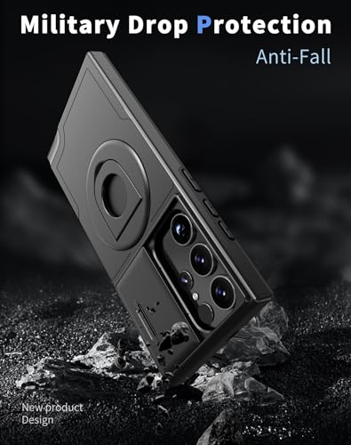 ANNGELAS for Samsung Galaxy S23 Ultra Mag Safe Kickstand Case with Slide Camera Cover,Slim Shockproof Military Heavy Duty Anti Drop Full Body Protection,360 Rotating Stand Magnetic Phone Case(Black) - color: Magnetic Stand Black