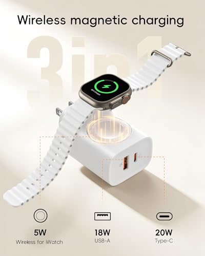 VRURC Fast Charger for Apple Watch, Built-in Wireless Magnetic Charging Station for iWatch SE/11/10/9/8/7/6/5/4, PD 20W USB C Charging Block, Foldable Wall Charger for iPhone 17/16/15/14/13-White - color: White
