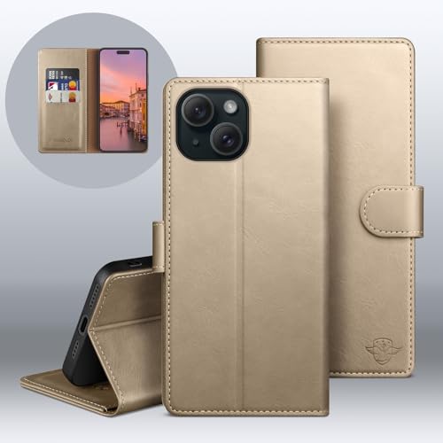 Wallet Case for iPhone 15 6.1", Golden | RFID-Blocking Card Holder, Kickstand, Magnetic Closure, PU Leather Folio Flip Cover, Protective Women Men Cases - color: Golden, size: iPhone 15