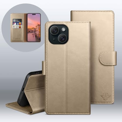Wallet Case for iPhone 15 6.1", Golden | RFID-Blocking Card Holder, Kickstand, Magnetic Closure, PU Leather Folio Flip Cover, Protective Women Men Cases - color: Golden, size: iPhone 15