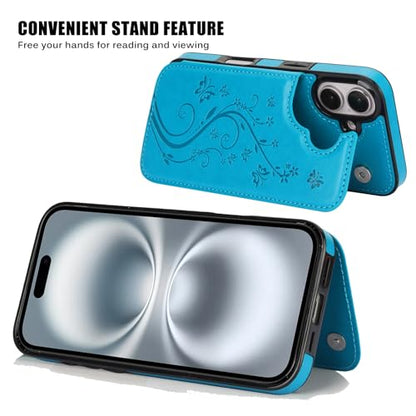 Wallet Case Compatible with iPhone 16 6.1”, Slim Protective Case with Card Holder,Premium PU Leather Kickstand Card Slots Case with Double Magnetic Clasp-Blue - color: Blue-F, size: iphone 16 6.1"