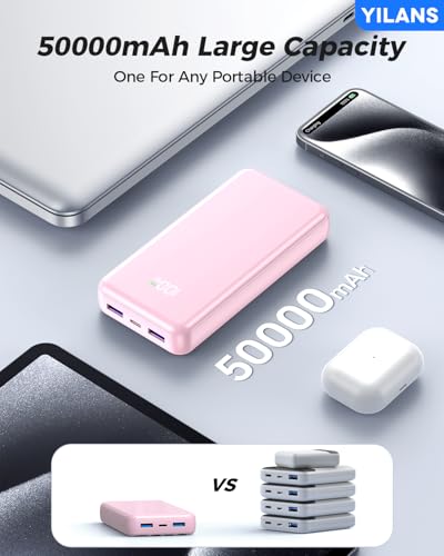 Portable Charger,50000mAh Power Bank Built-in Cable, 22.5W PD USB C In & Out Fast Charging, External Battery Pack with 6 Output & 2 Input, Travel Phone Charger for iPhone 17/16/15/14/13/12(Rosy) - color: Rosy
