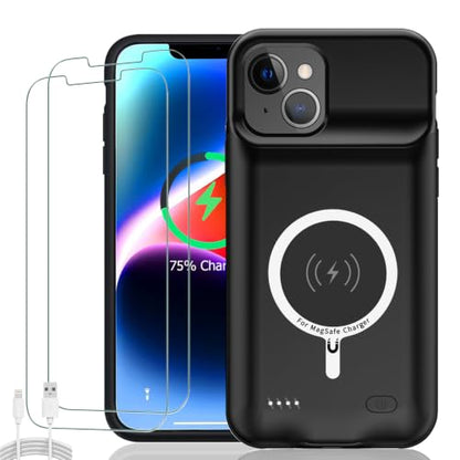 Battery Case for iPhone 14, Upgraded 10000mAh Ultra-Slim Rechargeable Portable Extended Battery Pack Support Qi Wireless Charging Case Compatible with iPhone 14(6.1 inch) Charger Case Cover(Black) - size: iPhone 14