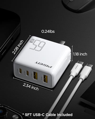 PISEN 65W USB C Fast Charger - 4FT USB-C Cable, 4-Port Compact Foldable GaN Charger, PPS for MacBook Pro/Air, iPad Pro, Galaxy S23, iPhone Series