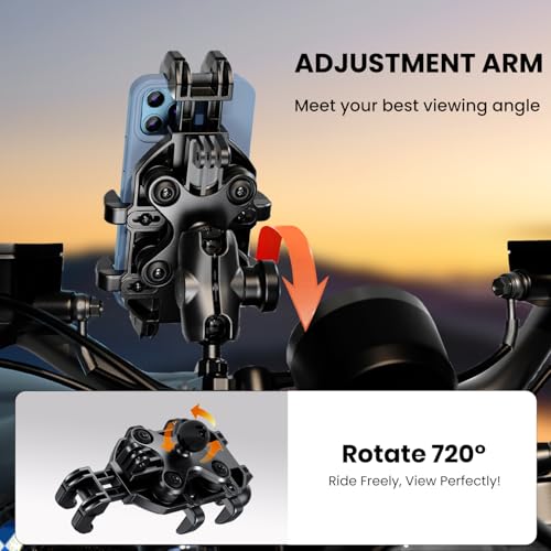 Motorcycle Phone Mount Holder with Vibration Dampener Anti-Shake 720° Adjustable for iPhone 16 Pro Max for Samsung 5.4''-6.9'' Phone Anti-Theft Dirt Bikes(Clamp Base 0.47-1.77" Handlebar) - style: Clamp Base