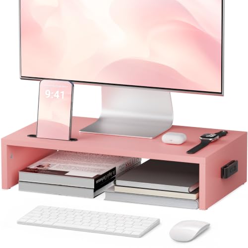 BONTEC Monitor Stand Riser with Cellphone Holder & Cable Management - color: Pink, size: 16.7 Inch