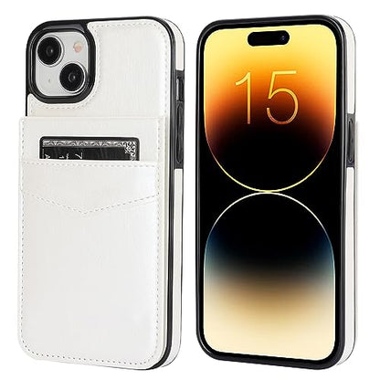 KIHUWEY for iPhone 15 Plus Wallet Case Card Holder Kickstand, White | Credit Card Slots, PU Leather, Magnetic Clasp, Flip Heavy Duty Protection Cover for Men and Women - color: White