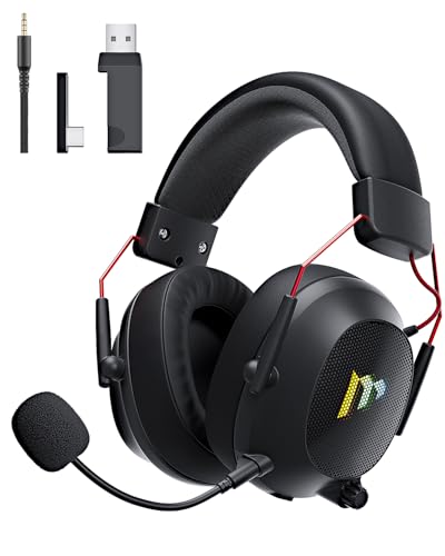 Mytrix Tac Master 2.4GHz Wireless Gaming Headset with Noise Canceling Microphone for PC, PS4, PS5, Mac, Bluetooth 5.3 Gaming Headphones with RGB Light, Surround Sound, 50H Battery (Black)