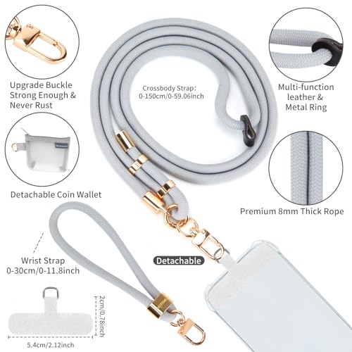 HOTEMIA Phone Lanyard and Wrist Straps, Adjustable Cell Phone Lanyard Crossbody with Detachable Wallet, 8mm Thick iPhone Lanyard for Around the Neck (Grey+Wallet) - color: Grey+wallet