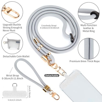 HOTEMIA Phone Lanyard and Wrist Straps, Adjustable Cell Phone Lanyard Crossbody with Detachable Wallet, 8mm Thick iPhone Lanyard for Around the Neck (Grey+Wallet) - color: Grey+wallet