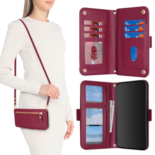 for iPhone 15 Pro Wallet Case for Women,for iPhone 15 Pro Case with Strap Crossbody Lanyard,PU Leather Shockproof Card Holder Stand Zipper Pocket Flip Phone Case-Dark red - color: Dark red