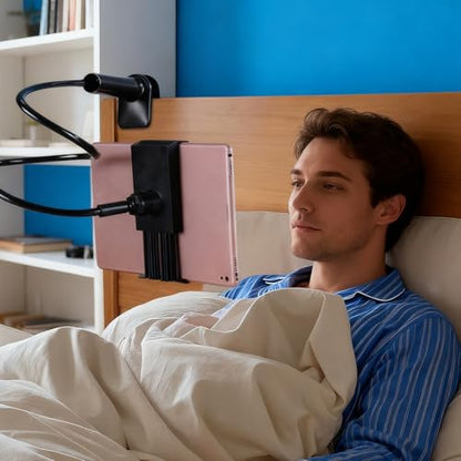 360-Degree Rotating Tablet and Phone Holder Adjustable Long Arm Lazy Bedside Clamp Stand Universal Flexible Mount for Desk and Bed - color: Black