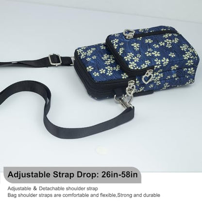 Small Crossbody Bag for Women, Multi Zip Pockets Nylon Wallet Purse Credit Card Holder with Detachable Hand Strap - color: Blue/Floral pattern