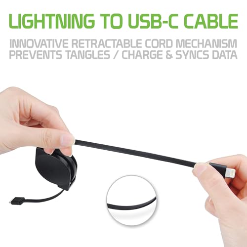 Cellet MFi Certified Retractable Lightning to USB-C Cable – 3ft Fast Charging Cord – Tangle-Free, Portable & Durable – Compatible with iPhone, iPad, and USB-C Chargers - style: USB-C to Lighting