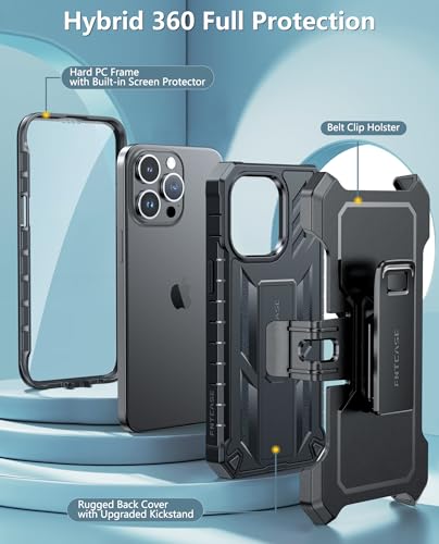 FNTCASE for iPhone 15-Pro-Max Phone Case 6.7", Built-in Screen Protector & Kickstand & Belt-Clip Heavy Duty Military Grade Shockproof Protection Rugged Case - Black | Built-in Screen Protector, Military-Grade Drop Protection, Heavy Duty Shockproof Holster