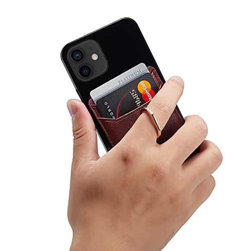 Card Holder Sleeve with Ring, RFID Credit Wallet PU Leather Stick On Back Grip for iPhone Samsung Smartphone - Burgundy - color: Burgundy